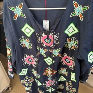 NWT!!! Frances Valentine Navy Capri Tunic with Colorful Embroidery